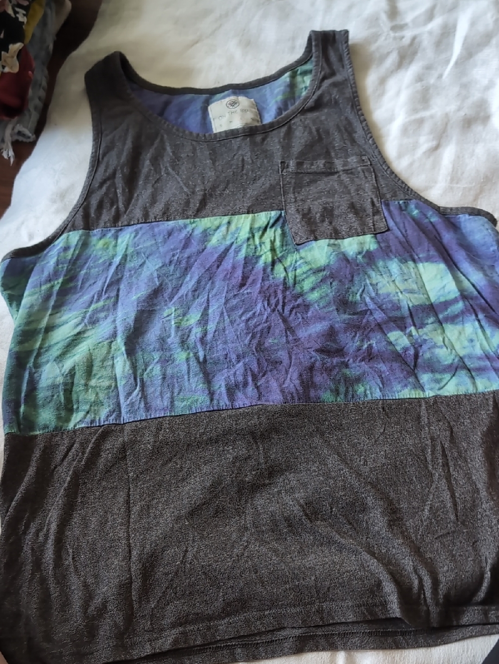 Striped Tie-Dye Panel Men's Tank Top - Blue Green